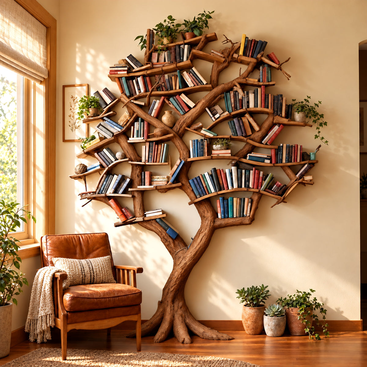 Rustic Tree Bookshelf Packed With Branch Shelves For Living Room