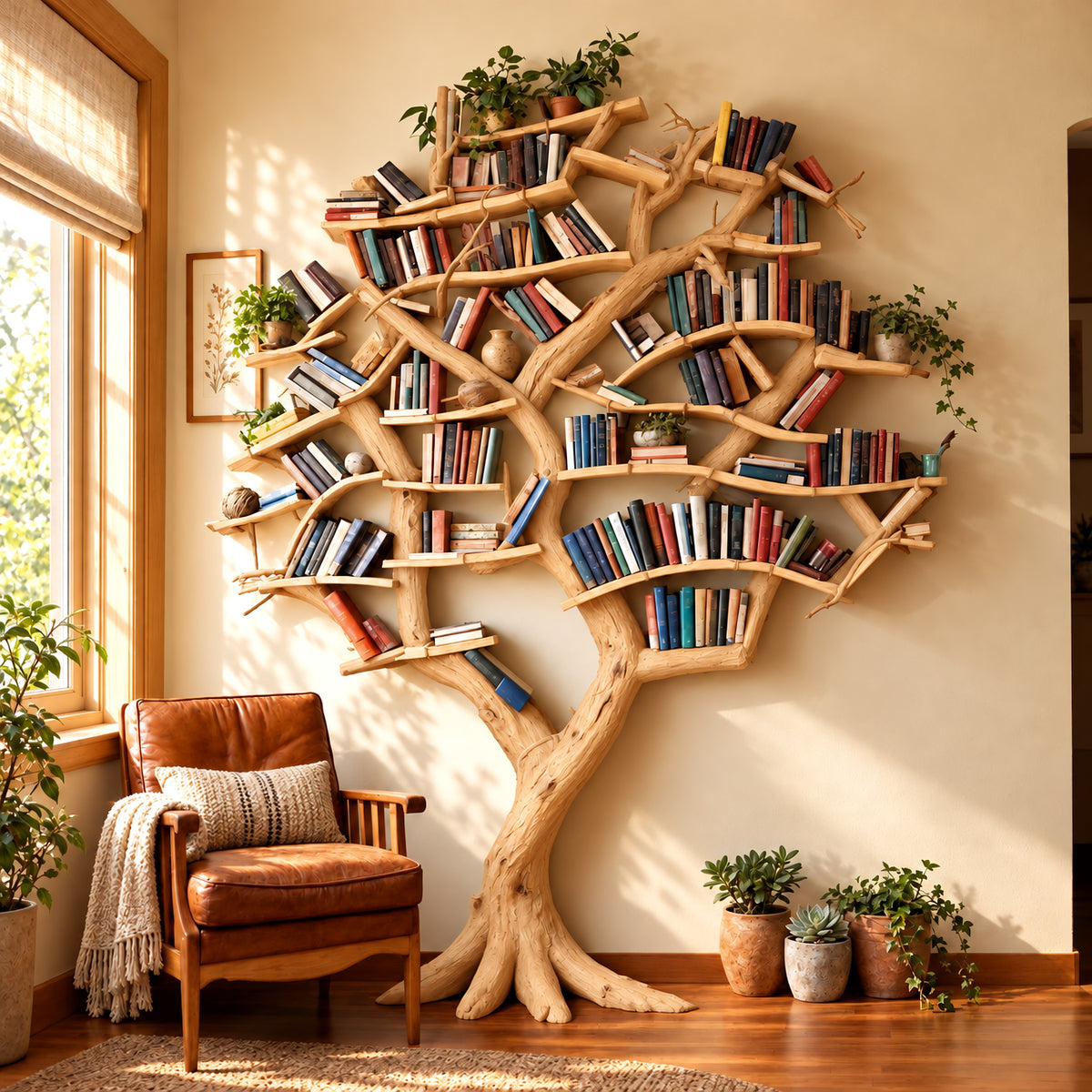 Rustic Tree Bookshelf Packed With Branch Shelves For Living Room