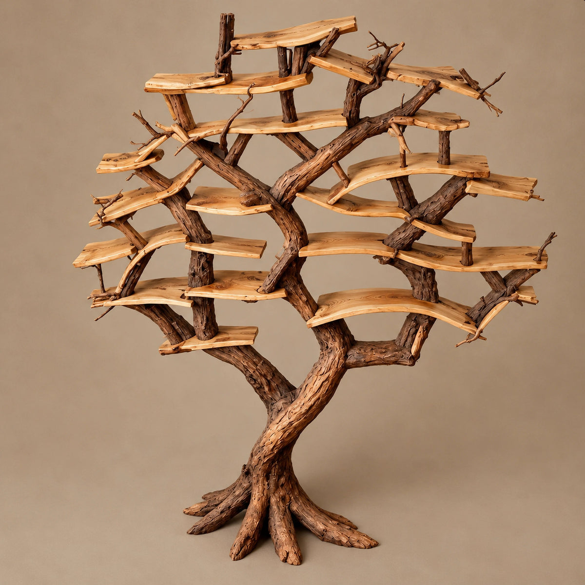 Rustic Tree Bookshelf Packed With Branch Shelves For Living Room