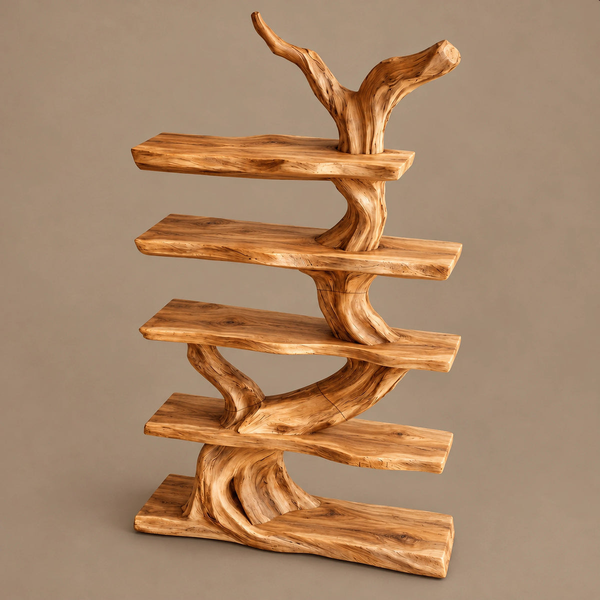 Sculptural Tree Bookshelf With Twisting Live Edge Shelves For Living Room