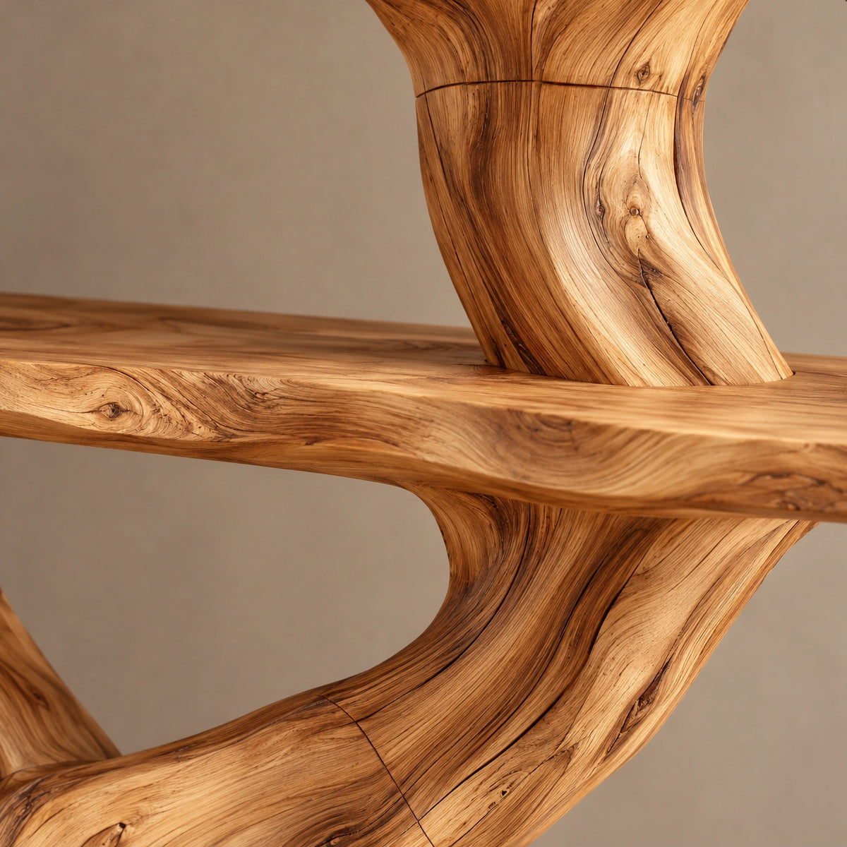 Sculptural Tree Bookshelf With Twisting Live Edge Shelves For Living Room