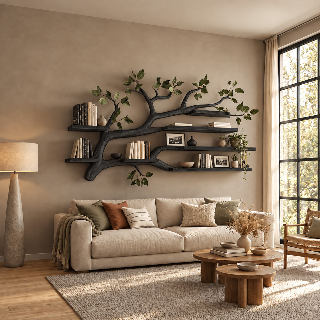 Sculptural Tree Branch Wall Shelf With Long Branch Silhouette For Living Room