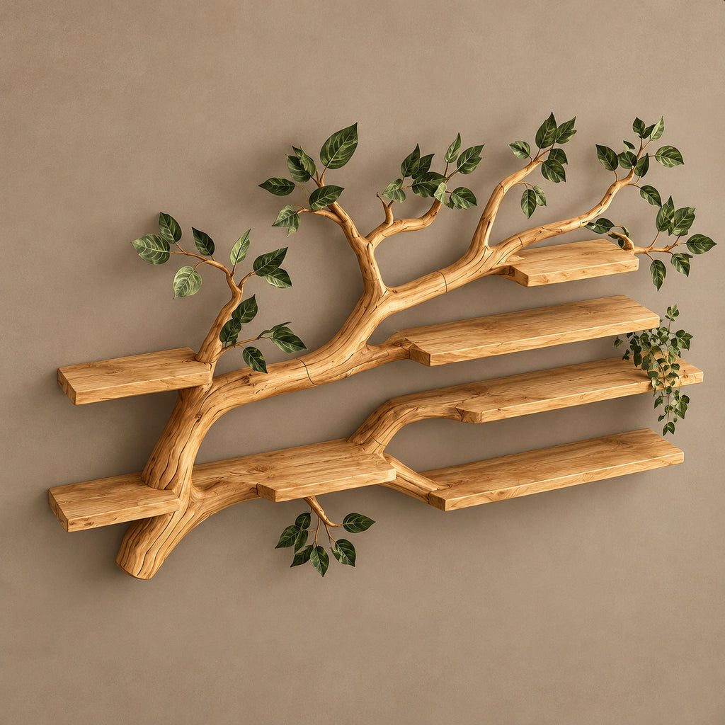 Sculptural Tree Branch Wall Shelf With Long Branch Silhouette For Living Room