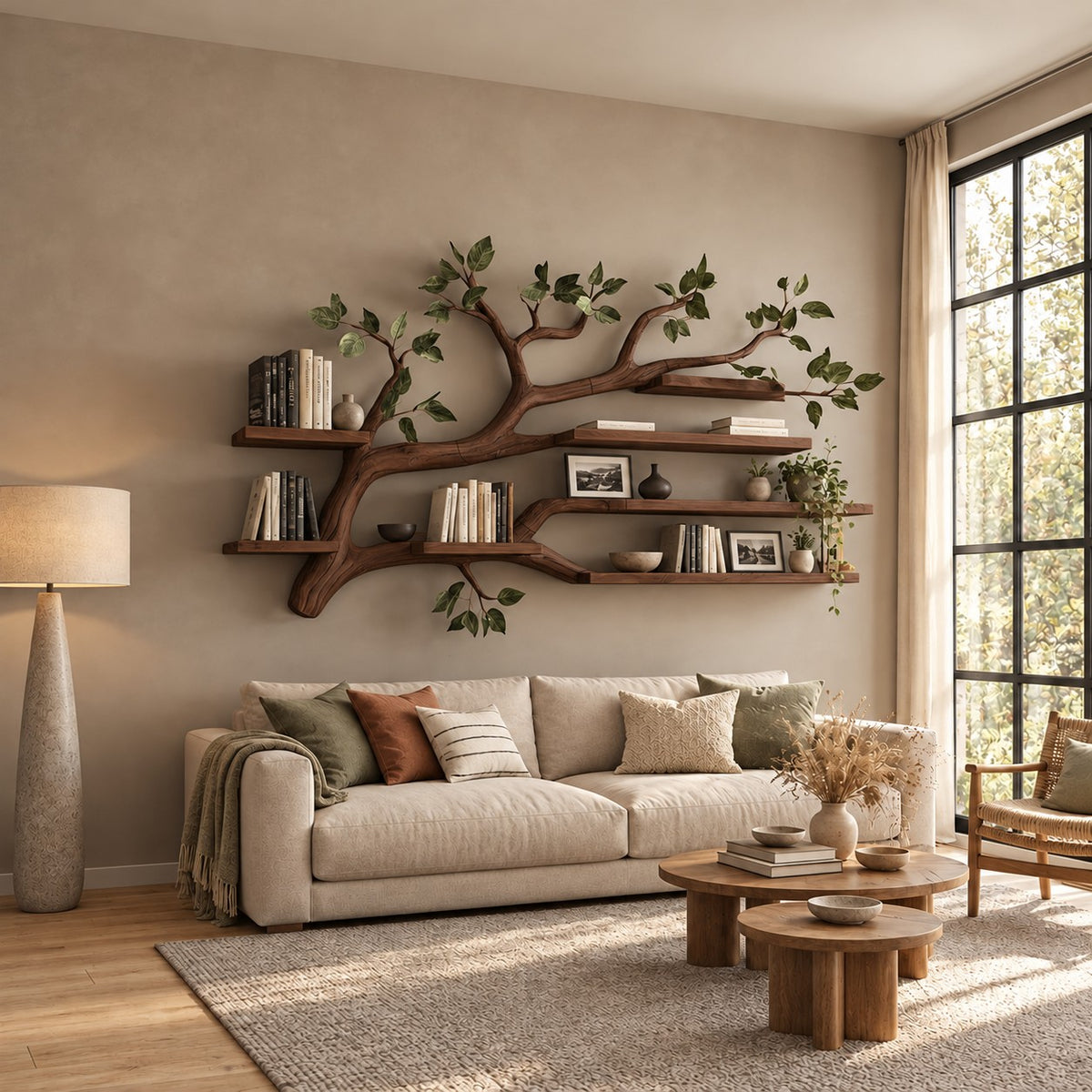 Sculptural Tree Branch Wall Shelf With Long Branch Silhouette For Living Room