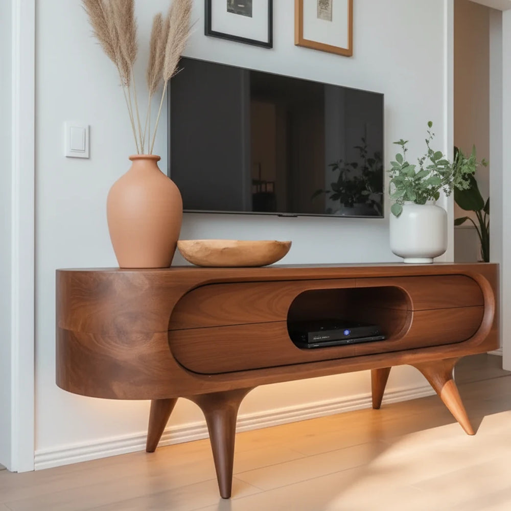 Solid wood media console TV stand in a living room