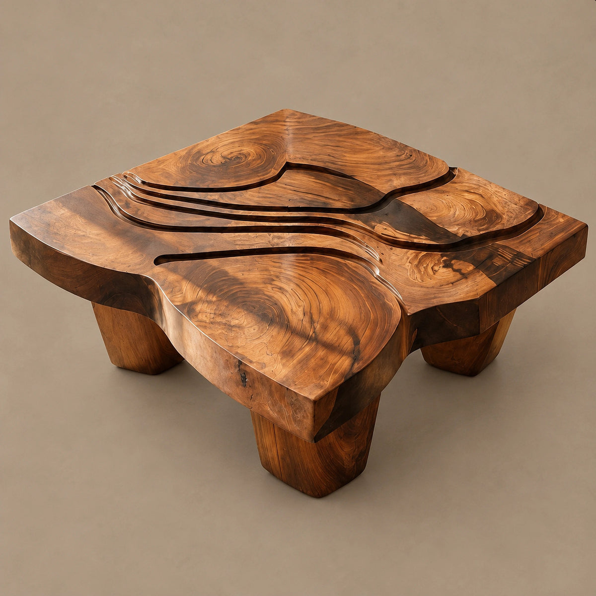 Wabi Sabi Carved Coffee Table With Chunky Block Legs For Living Room
