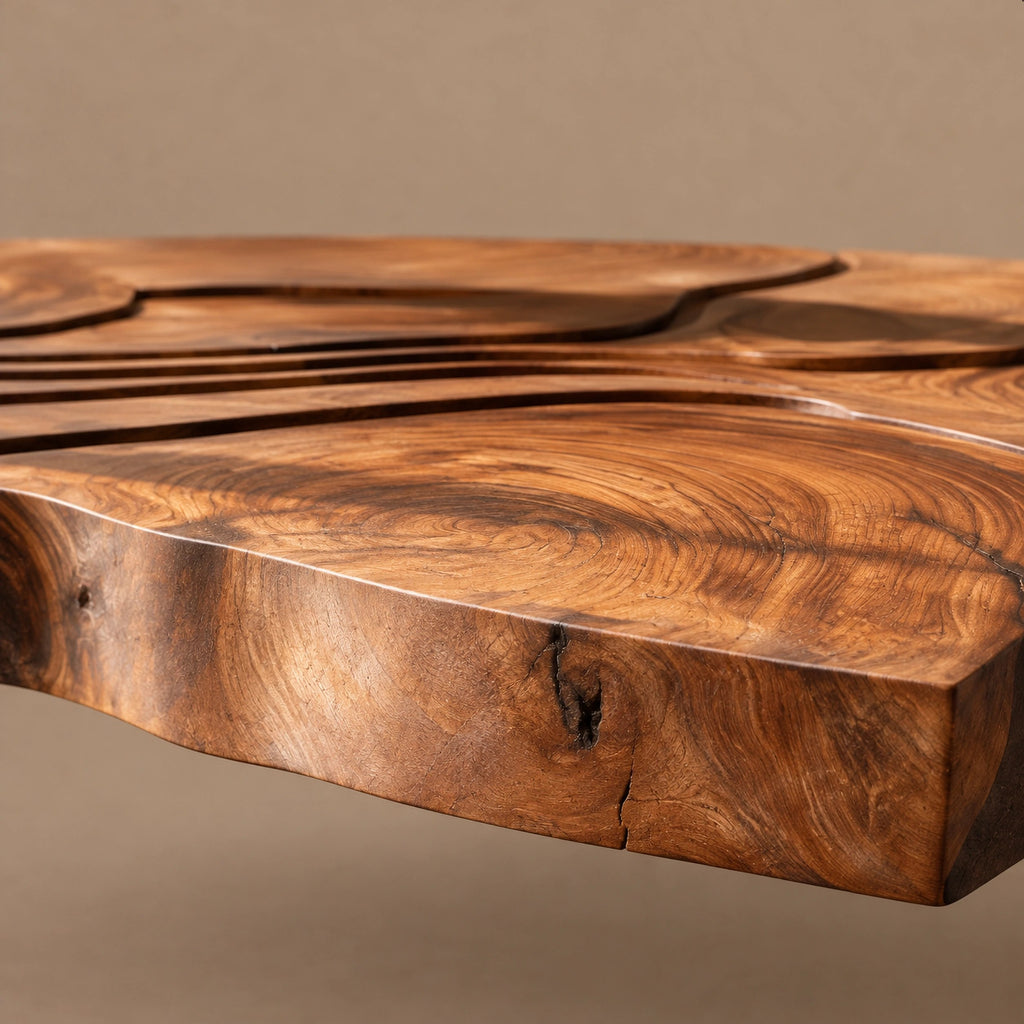 Wabi Sabi Carved Coffee Table With Chunky Block Legs For Living Room