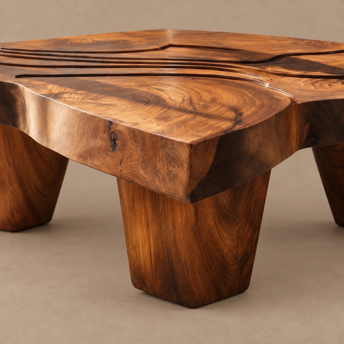 Wabi Sabi Carved Coffee Table With Chunky Block Legs For Living Room