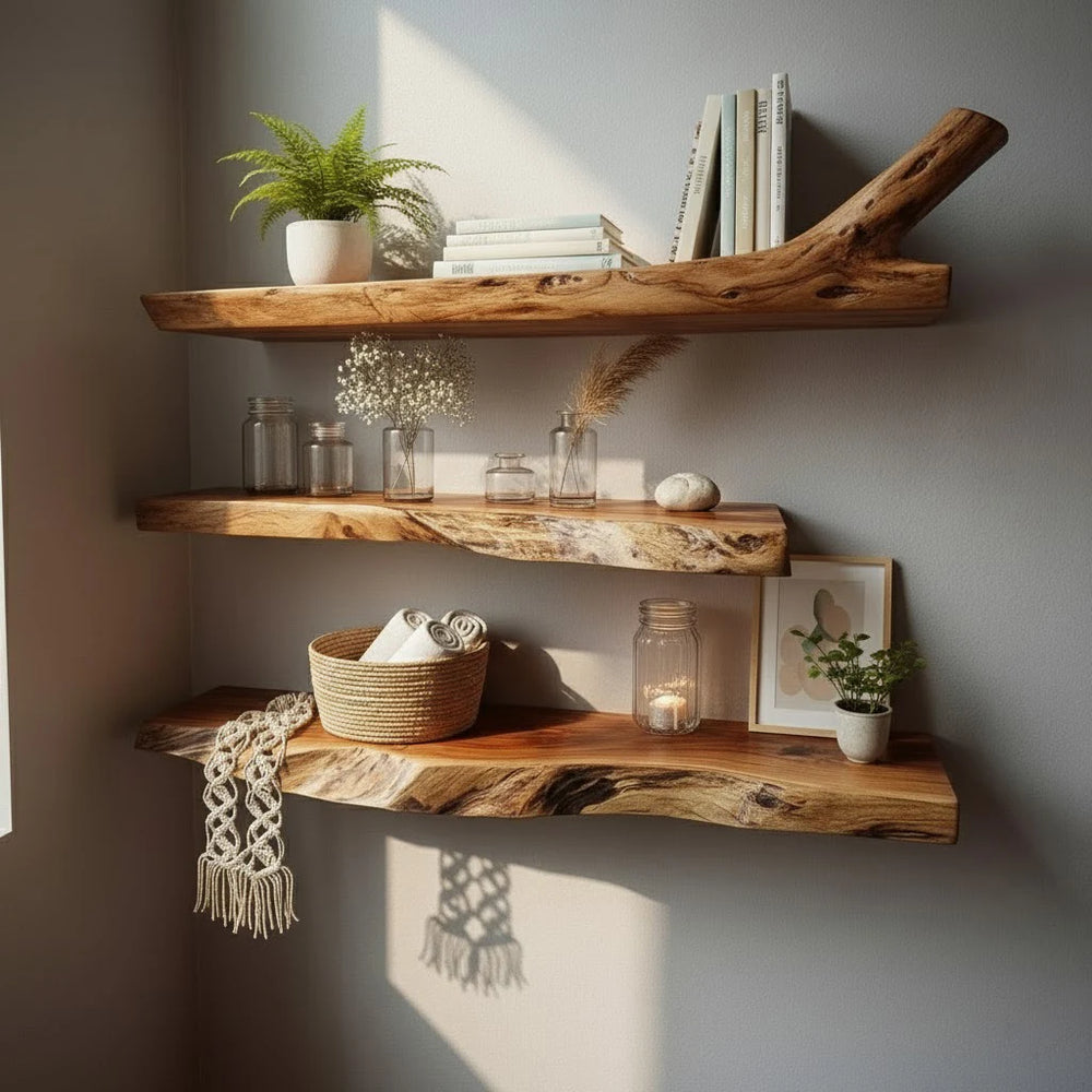 Solid wood floating wall shelf mounted on a plain wall