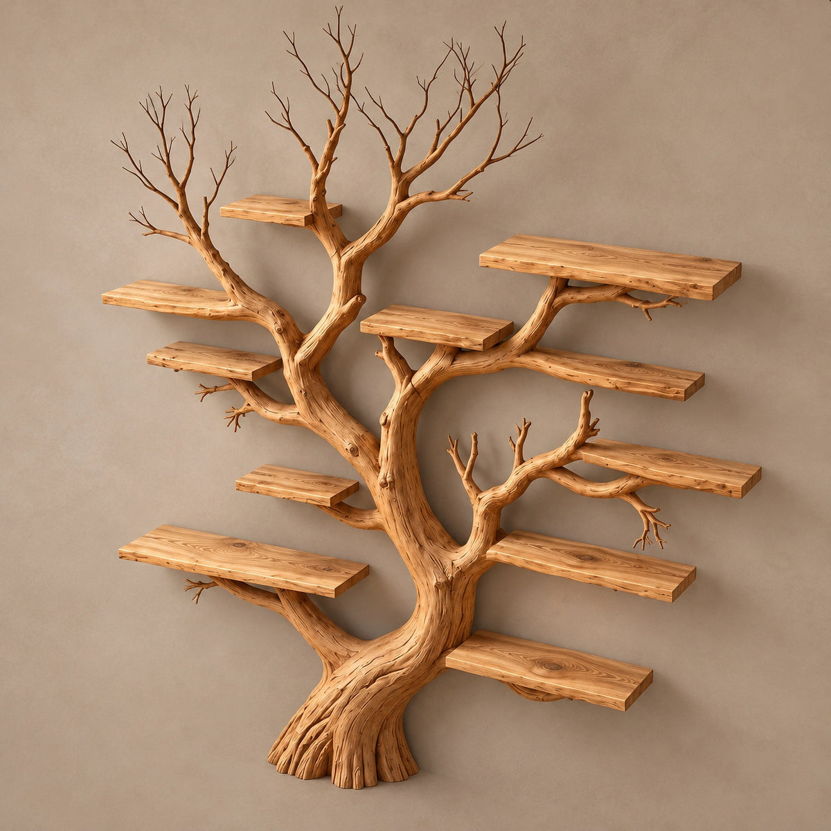 Rustic Wall Tree Bookshelf With Shelves At Many Heights For Living Room