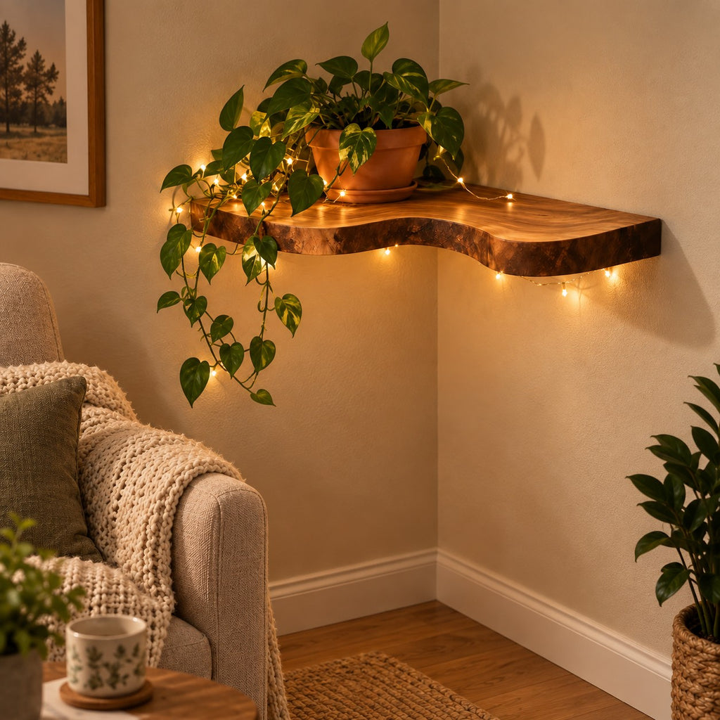Farmhouse Live Edge Corner Shelf With Soft Rounded Edge For Living Room