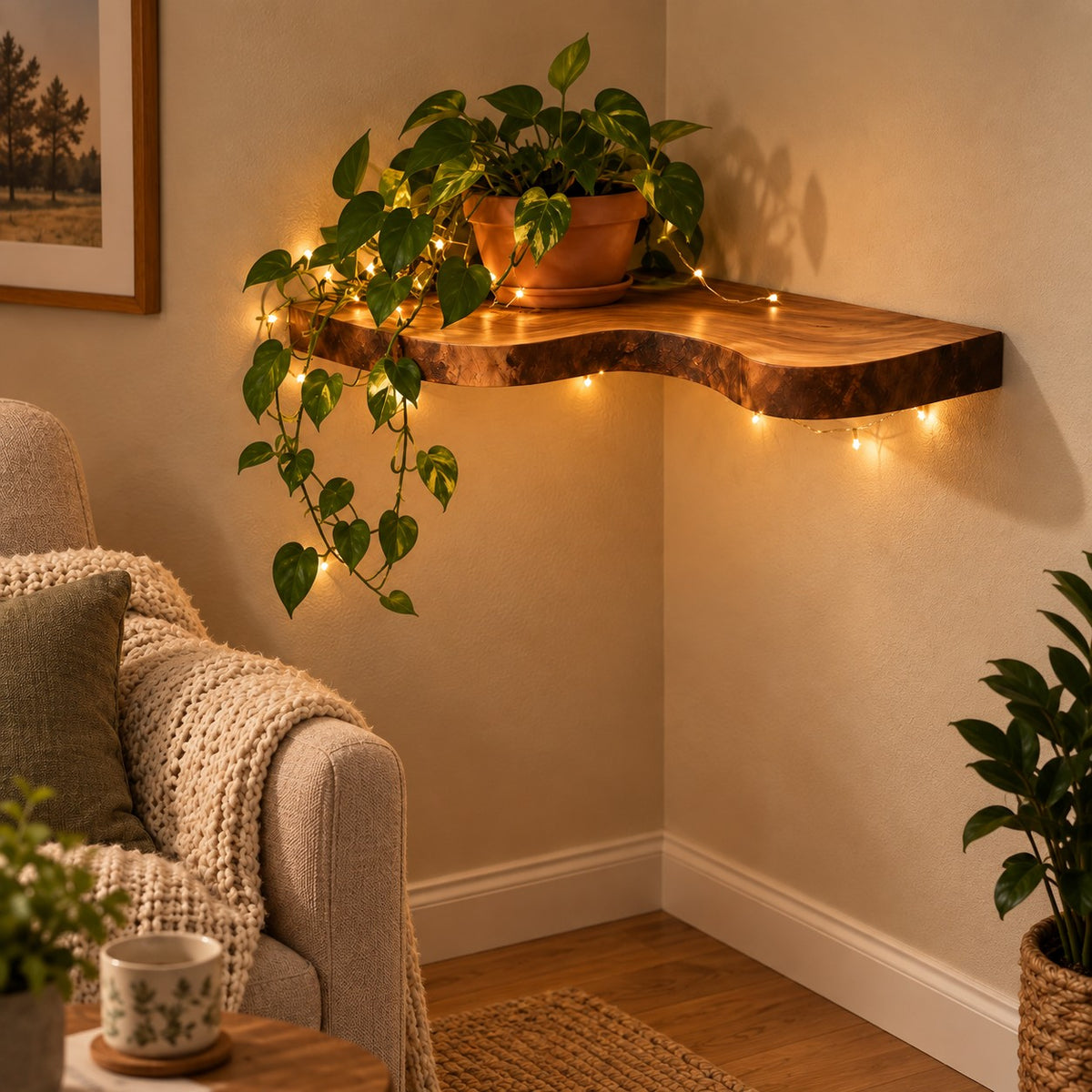 Farmhouse Live Edge Corner Shelf With Soft Rounded Edge For Living Room