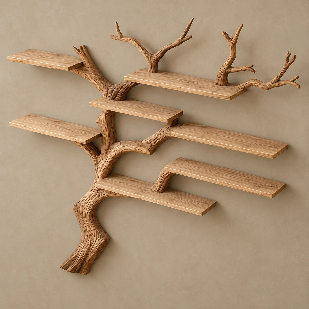 Woodland Wide Tree Bookshelf With Long Floating Shelves For Living Room